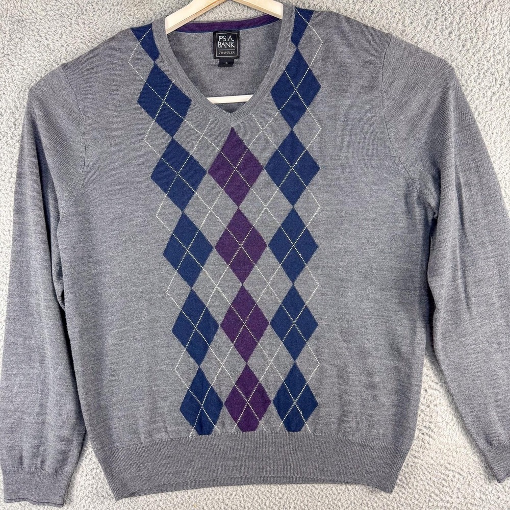 Jos A Bank Sweater Mens XL Gray Argyle Merino Wool V Neck Traveler Pullover‎